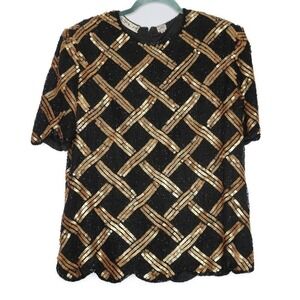 Scala‎ Womens VTG Silk Blouse 1X Black Gold Sequins Event Holiday New Years 90s